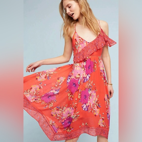Maeve Grecia Ruffle Midi Dress Sz 0 Red Floral Asymmetrical Flowy Strappy Dress - Picture 1 of 14
